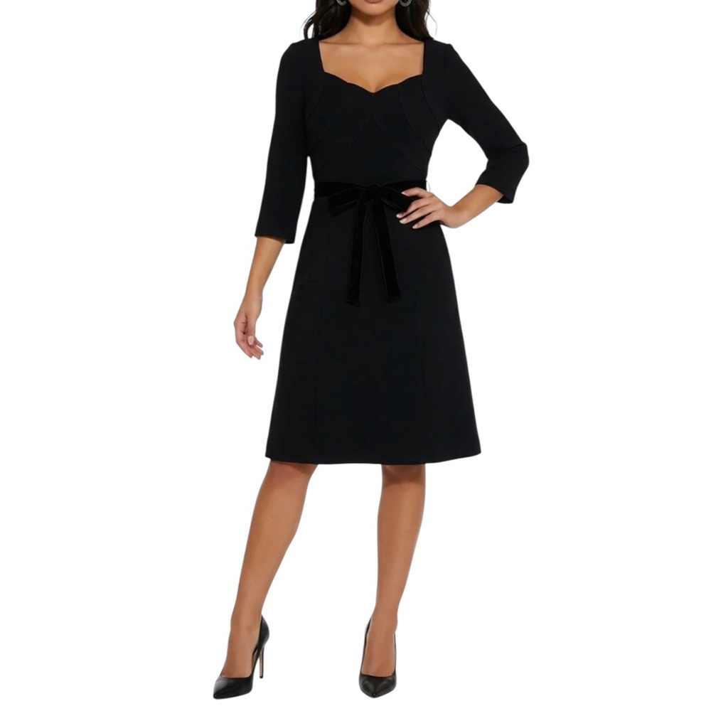 NWT Teri Jon by Rickie Freeman Black Bodice Piping Velvet Tie Wool Midi Dress